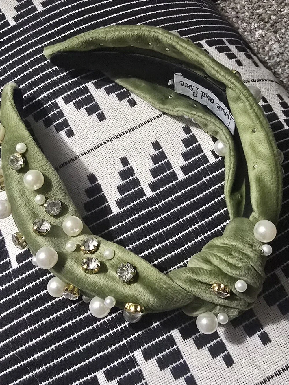 Embellished Olive Green Pearl & Crystal Knotted Headband -